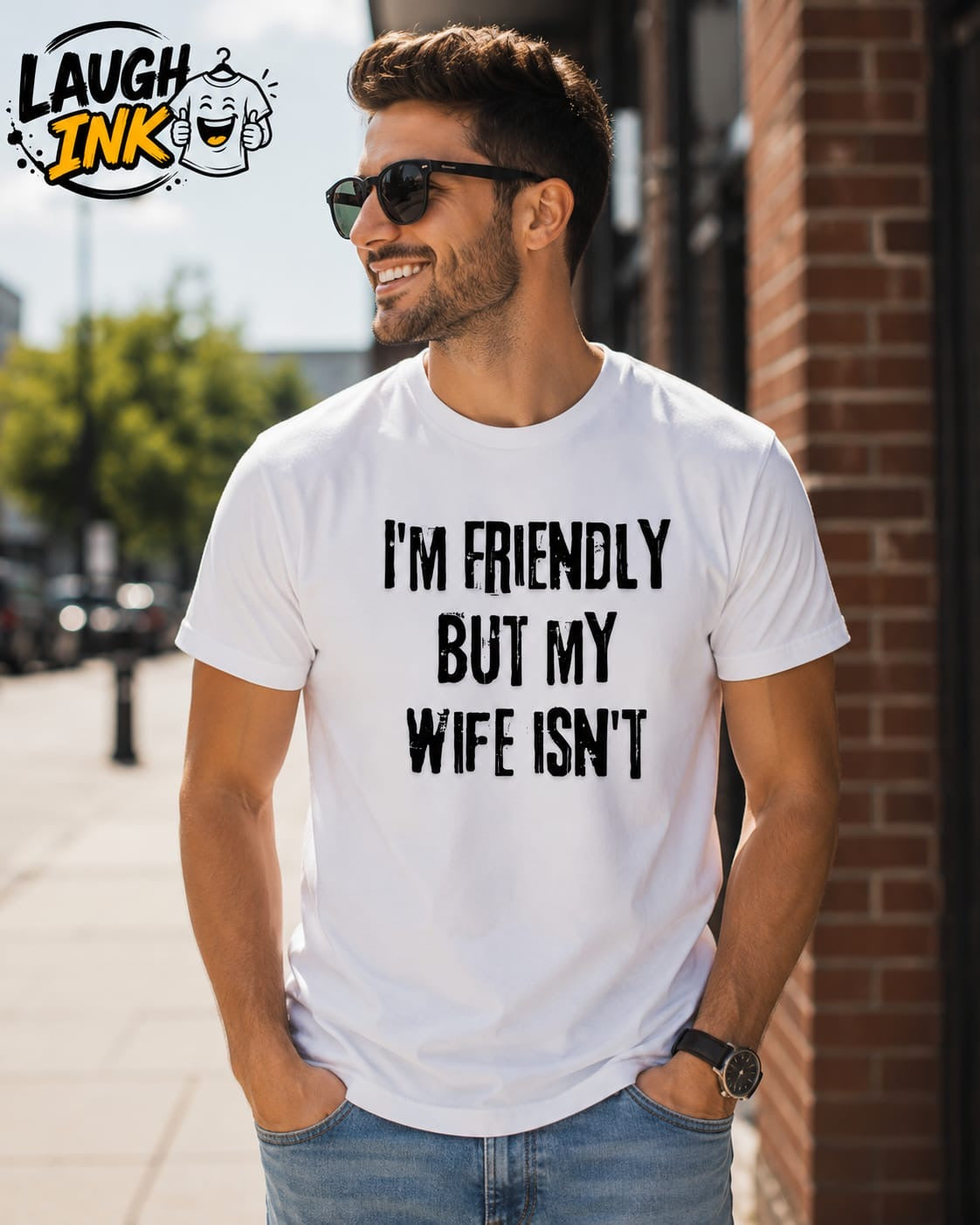 I'm Friendly but My Wife Isn't T-Shirt by Laugh Ink